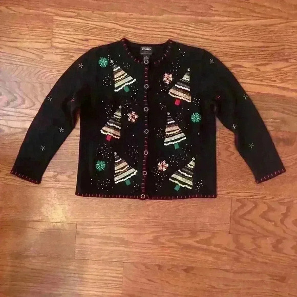 Vintage Christmas Beaded Sequin Sweater Cardigan Size Medium Ugly Christmas - Picture 15 of 15
